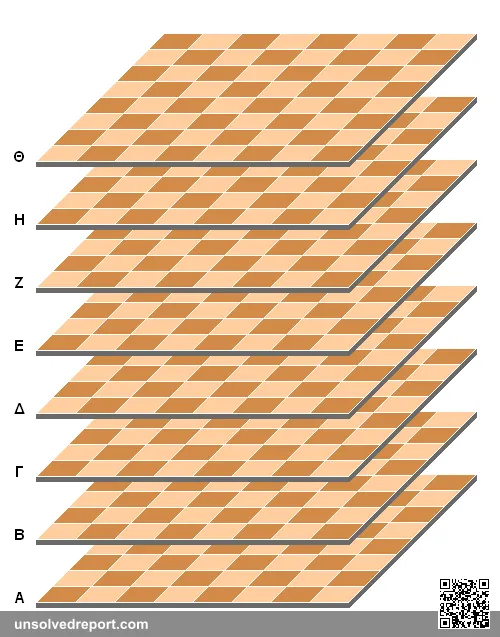 8x8x8 Kieseritzky Cubic Chess board, 1851. Done in MSPAINT. Level notation Greek alpha thru theta.