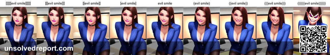 AI-generated portraits made increasingly sinister by adjusting prompt emphasis, showing how prompt tweaks steer a model toward unsettling faces.