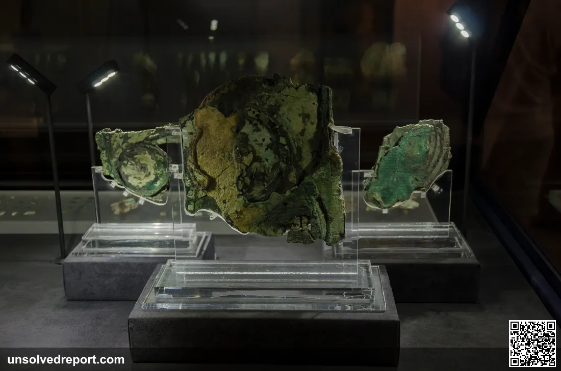 Multiple fragments of the Antikythera Mechanism on display at the National Archaeological Museum in Athens