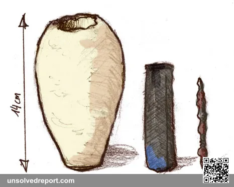 Reconstruction drawing of the Baghdad Battery: the clay jar, rolled copper cylinder, and iron rod, about 14 cm tall.
