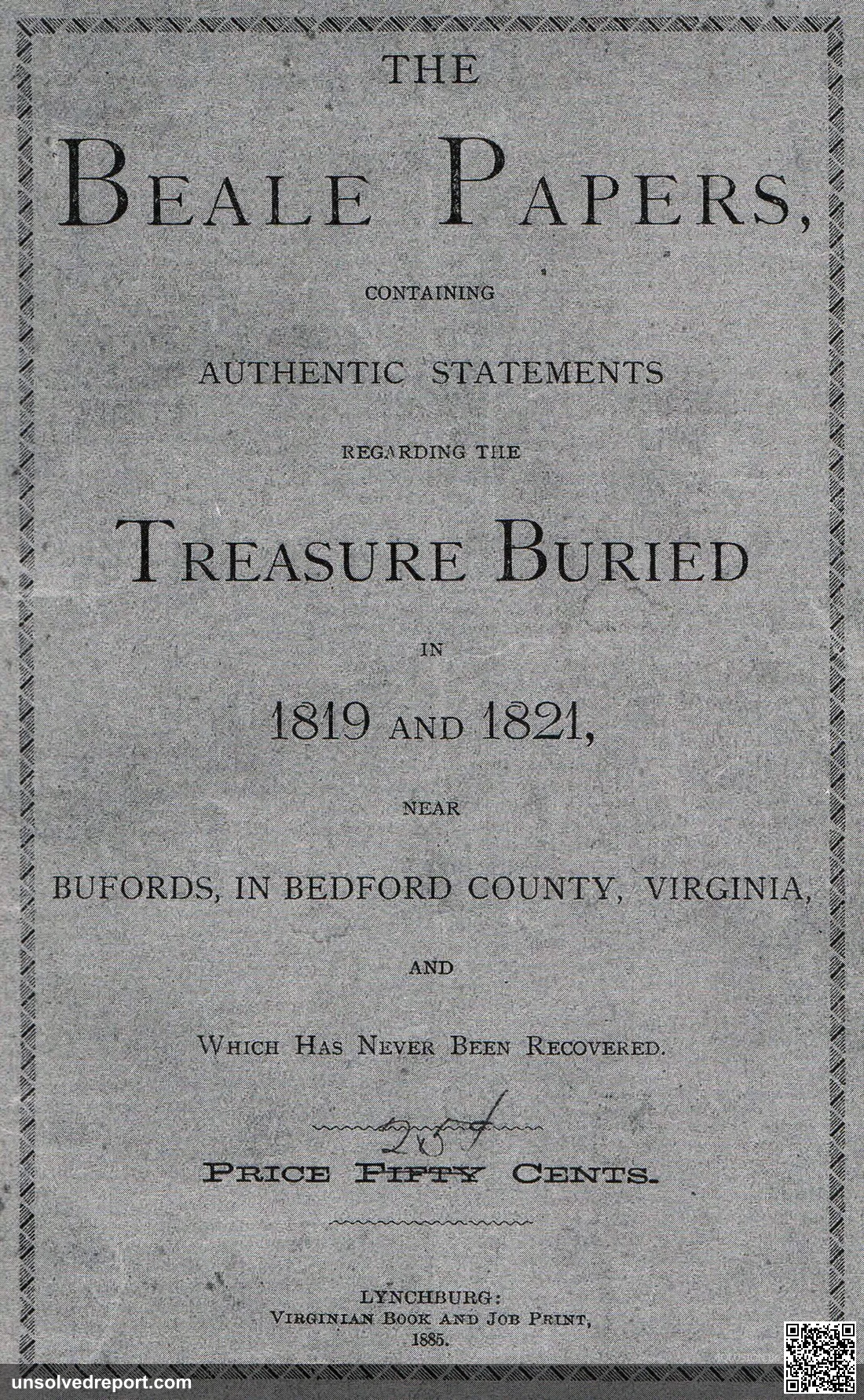 High resultion scan of the cover from the 1885 The Beale Papers book