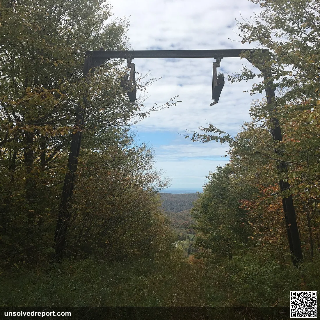 Looking through the T-Bar structure North toward Glastenbury Peak from the summit of Prospect Mountain, Vermont.