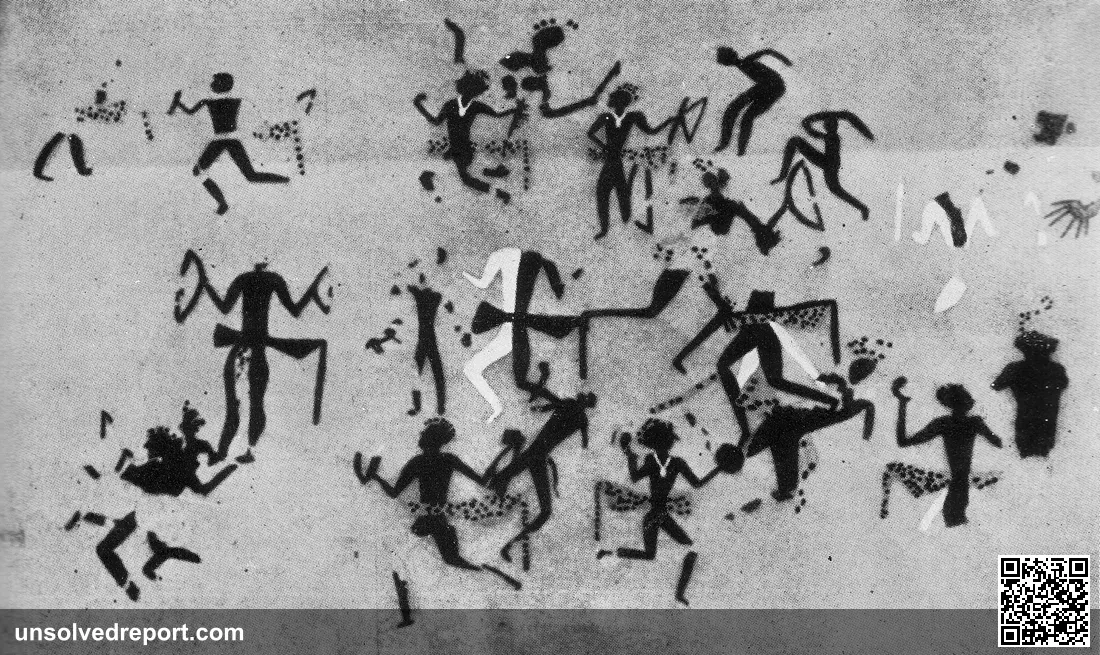 Catalhoyuk wall painting of dancers wearing leopard skins, c. 6000 BCE