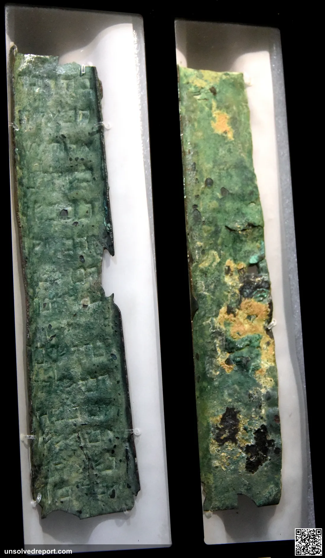 Strips 1 and 2 of the Copper Scroll (3Q15) from Qumran Cave 3, the only Dead Sea Scroll written on metal, displayed at the Jordan Museum