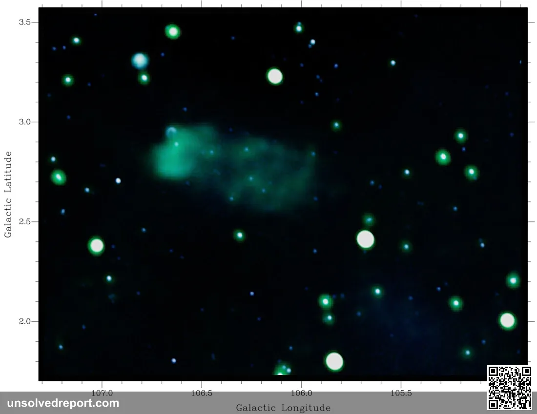 Radio observations at 408 and 1,420 megahertz, shown in blue and green, reveal the diffuse glow of supernova remnant G1…