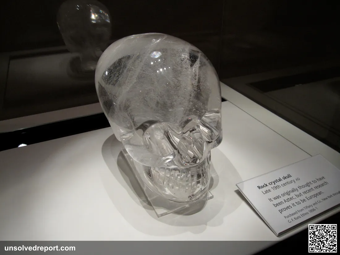 Front view of the British Museum crystal skull showing the face of the quartz skull artifact.