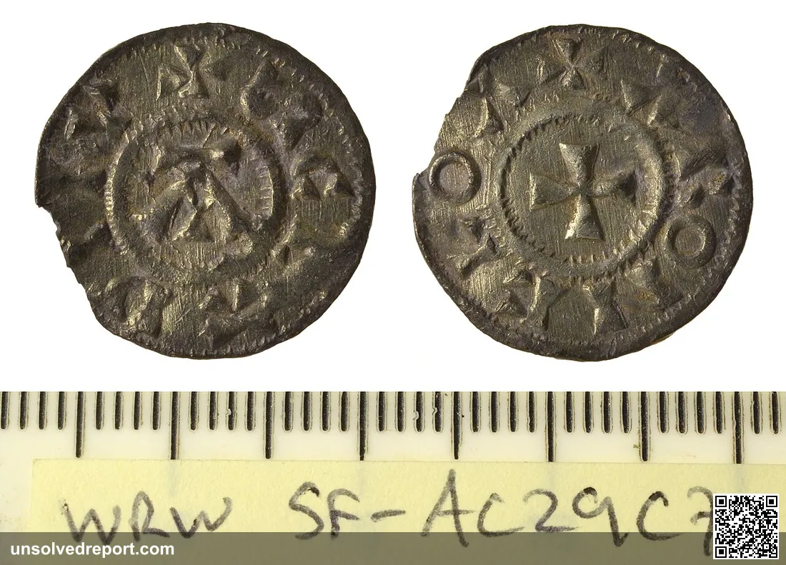 A silver Early-Medieval coin of the Danelaw, Saint Edmund Memorial penny with shortened, blundered legends, late phase …