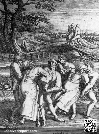 Engraving depicting the dancing plague — people gripped by uncontrollable dancing mania, unable to stop