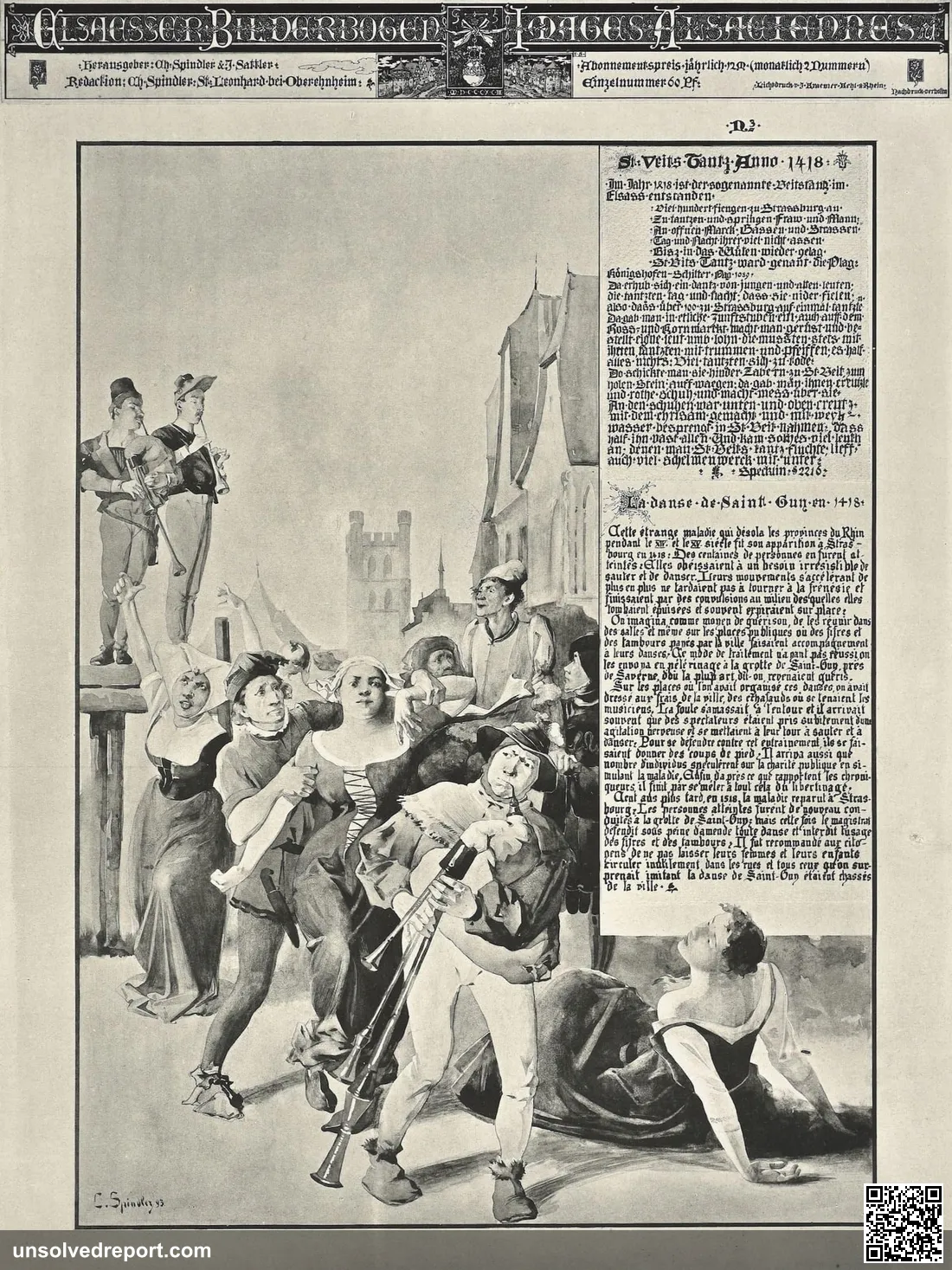 1893 illustration by Charles Spindler depicting the dancing epidemic of 1518, published in Elsässer Bilderbogen (Alsatian Picture Sheets)