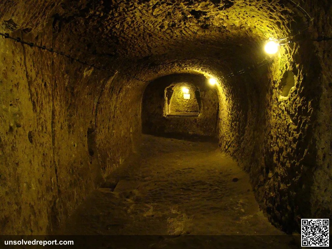 A typical view from inside the underground city in Derinkuyu, one of the largest underground complexes in Cappadocia. T…