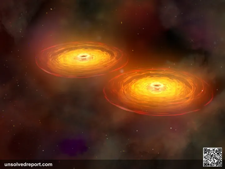 This illustration shows a stage in the merger of two galaxies that forms a single galaxy with two centrally located sup…