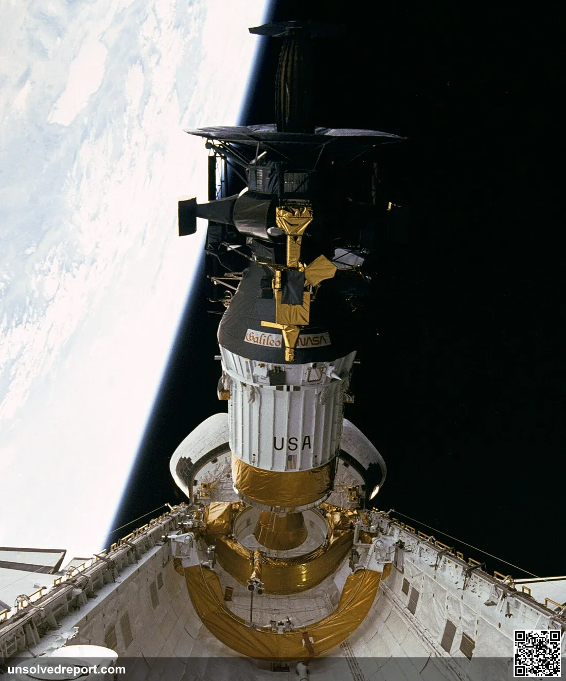 Galileo probe deployed. This photograph was taken by the STS-34 crew aboard the Space Shuttle Atlantis and shows the Ga…