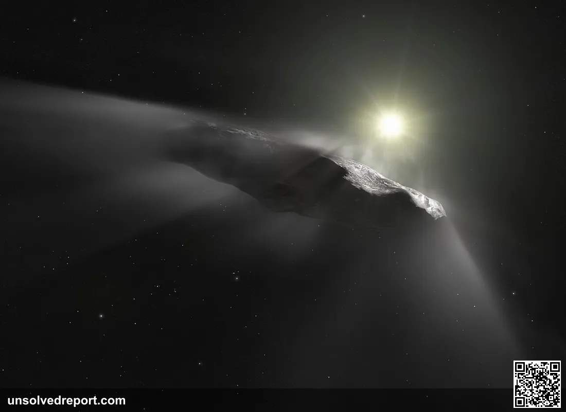 This artist’s impression shows the first interstellar object discovered in the Solar System, `Oumuamua. Observations ma…
