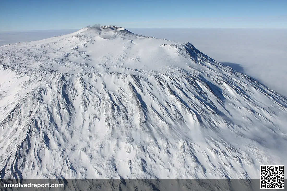 Aerial photo of Mount Erebus volcano in Antarctica.