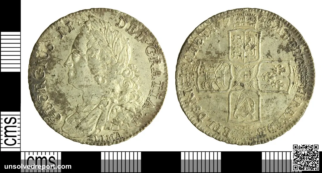 A silver post medieval LIMA half crown of George II dating to the year AD 1745. Mint of London. The inclusion of the wo…