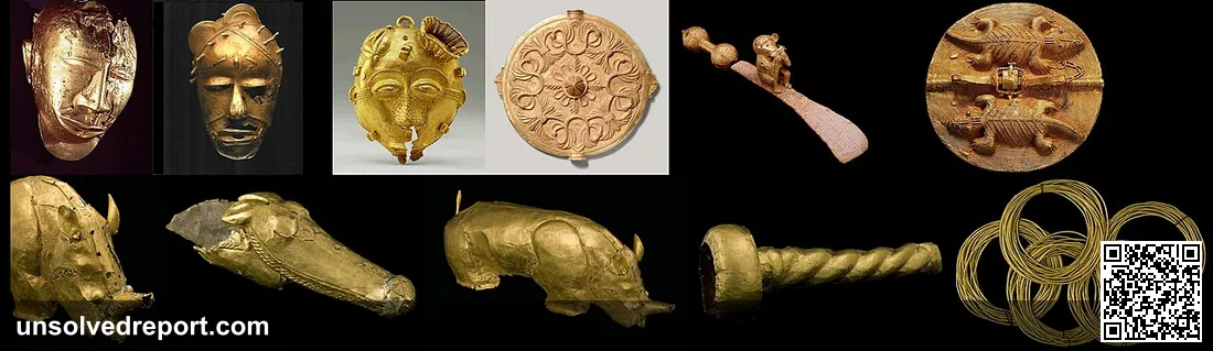 gold statuettes and objects made by African artisans from the Ashanti Empire and the Kingdom of Mapungubwe