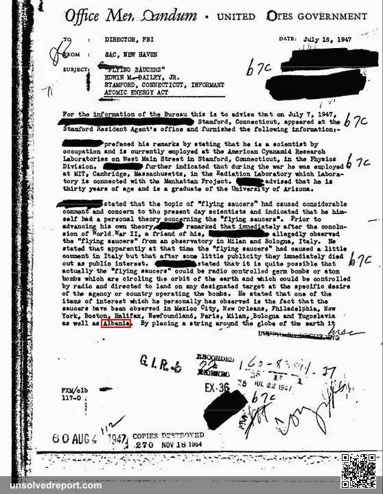 A report from the FBI that lists places where flying saucers have been observed.