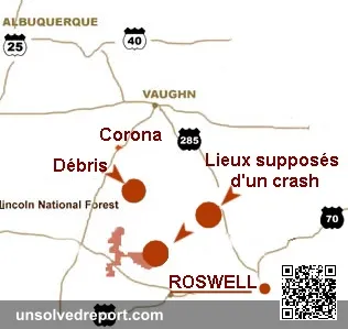 Localisation du crash de Roswell sur une portion de la carte du nouveau mexique