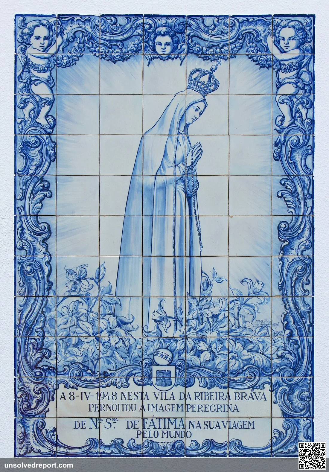 "Our Lady of Fátima". Ceramic tiles (Azulejo) at the wall of the Igreja de São Bento, Ribeira Brava, Madeira, Portugal.