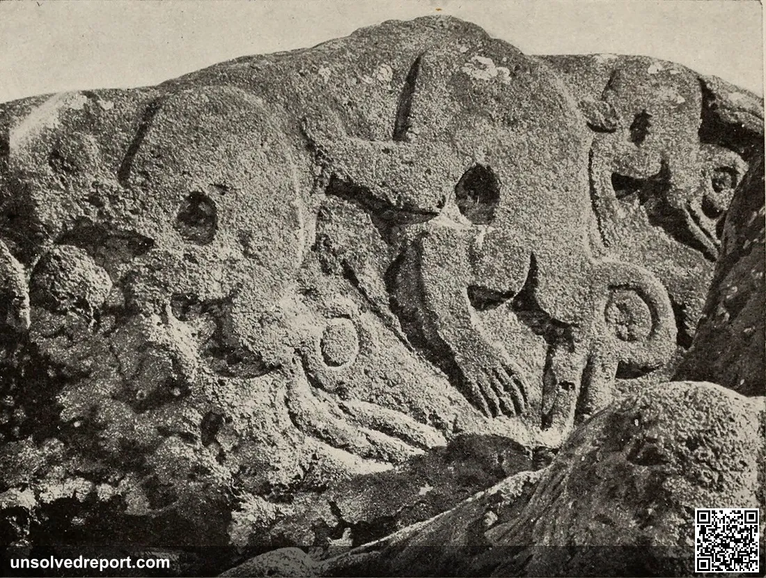 A Rock At Orongo Carved With Figures Of Bird-Men. Sculptured surface, 6 ft. by 5 ft. Routledge's Mana expedition to Eas…